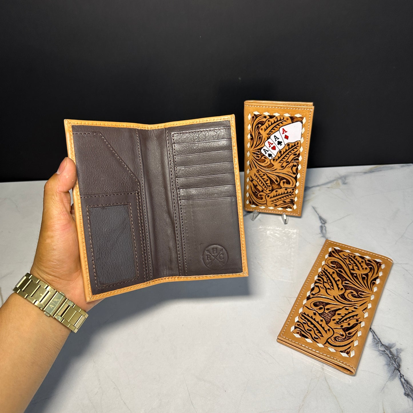 Natural Ace Heart Leather Tooled Wallet