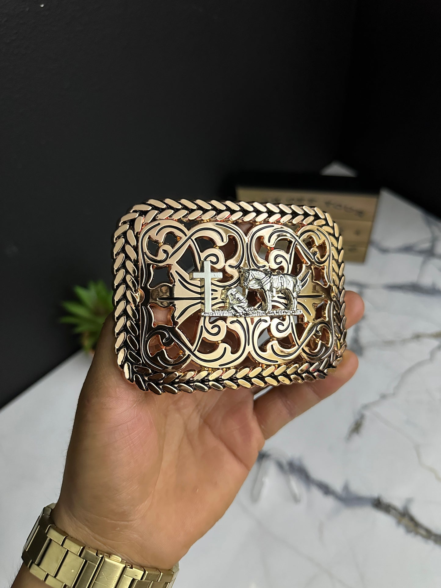 Mig Rose G Praying Cowboy Belt Buckle