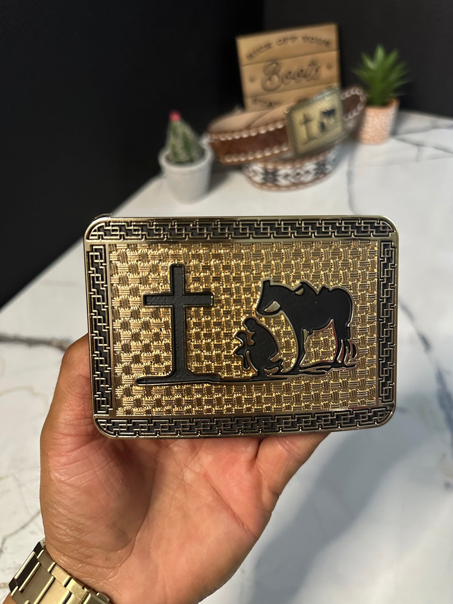 Rose G Cowboy Prayer Belt Buckle - Cowboy With Cross and Horse Design