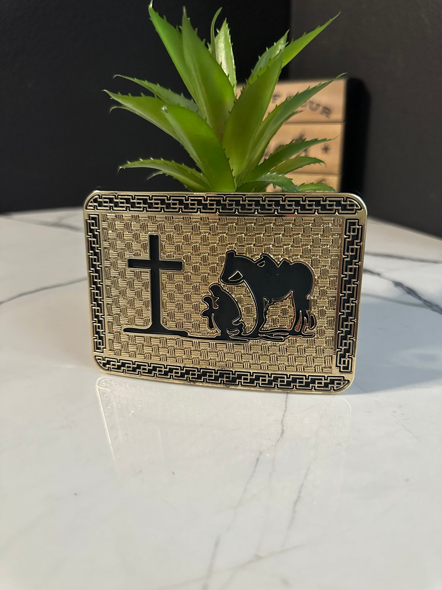 Rose G Cowboy Prayer Belt Buckle - Cowboy With Cross and Horse Design