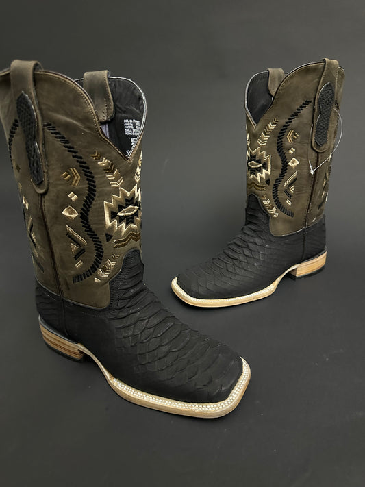 Men CowBoy Boots Black Matte Square Toe