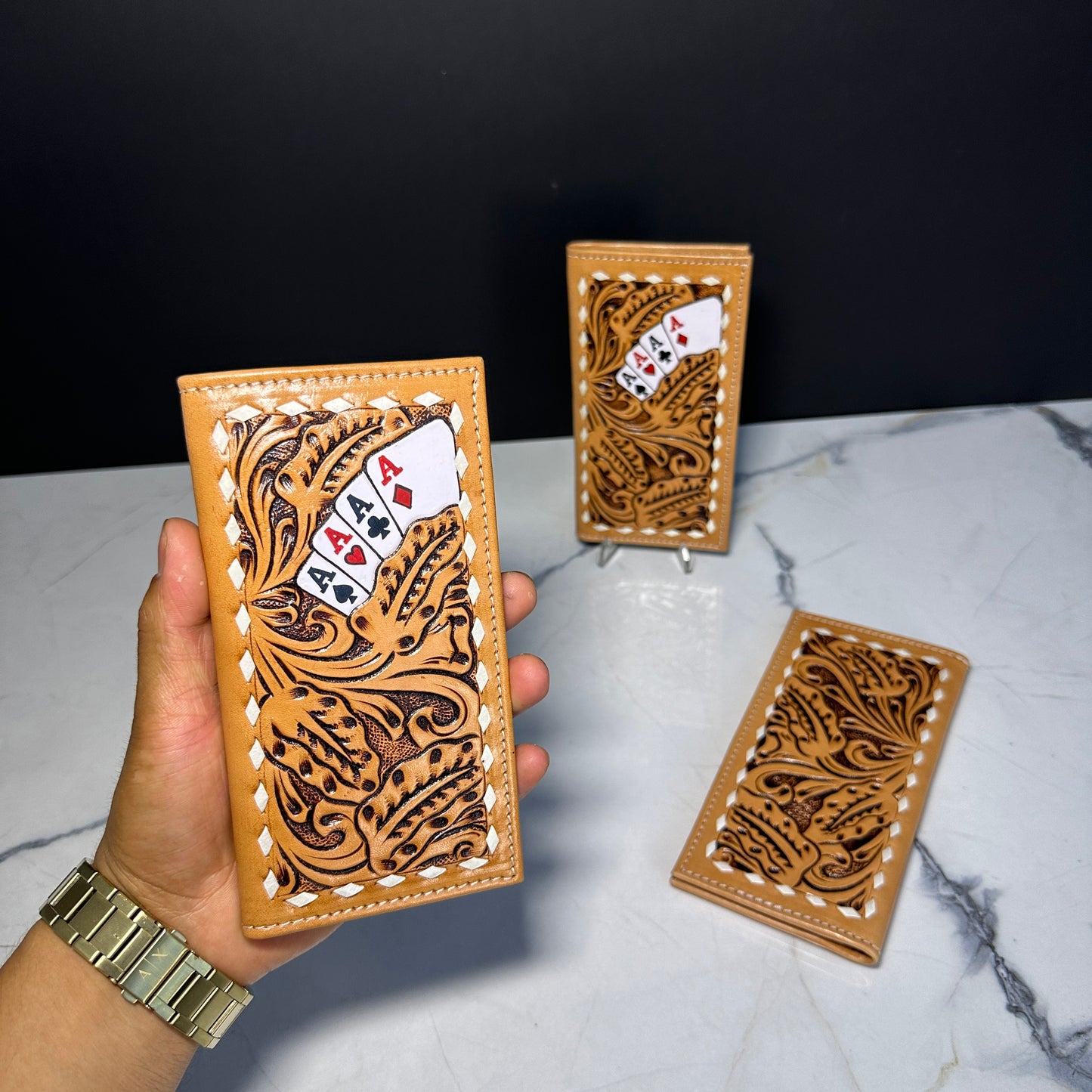 Natural Ace Heart Leather Tooled Wallet