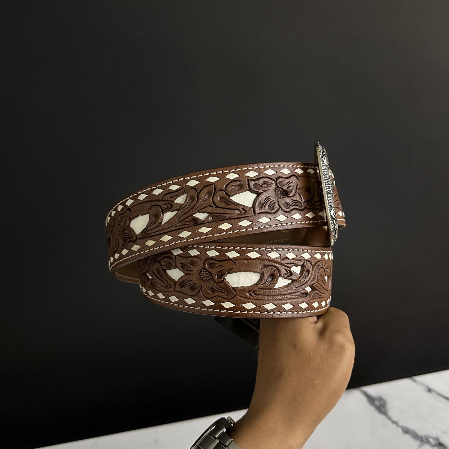 Men Brown Floral 2 Inch Beaded Belt RHC-28