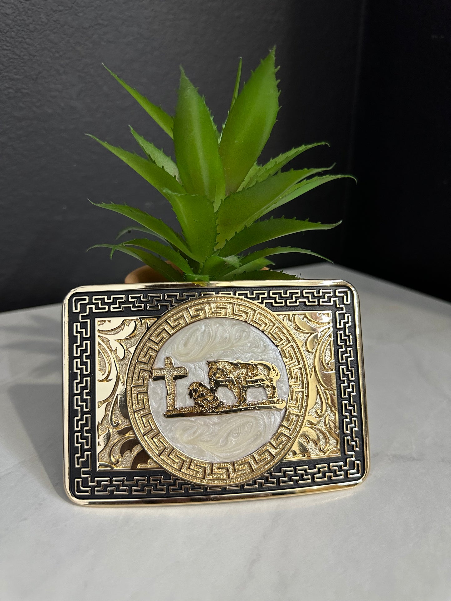 Marble Praying Cowboy Belt Buckle