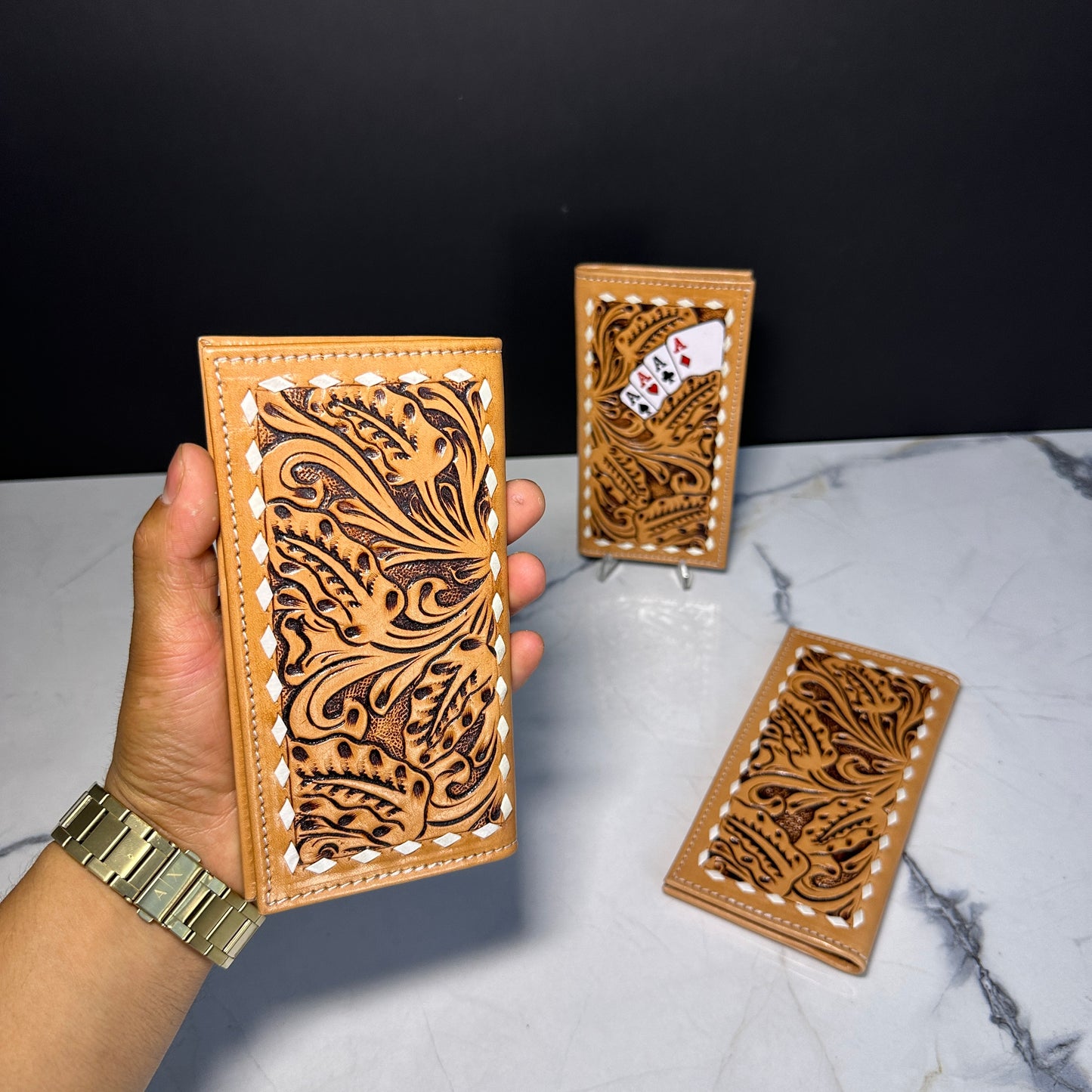Natural Ace Heart Leather Tooled Wallet