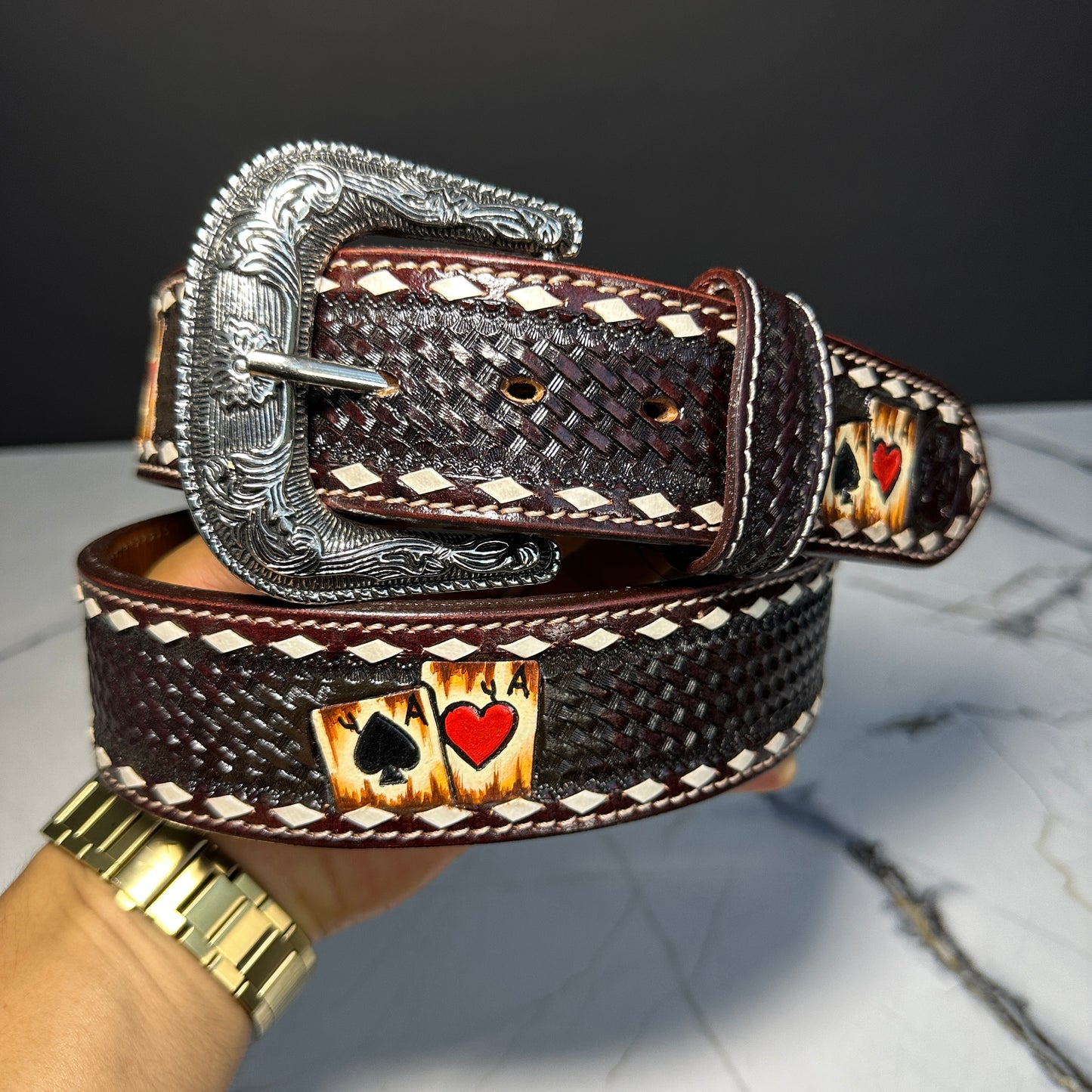1 7/8 Brown Ace Heart Leather Belt RHC-2040