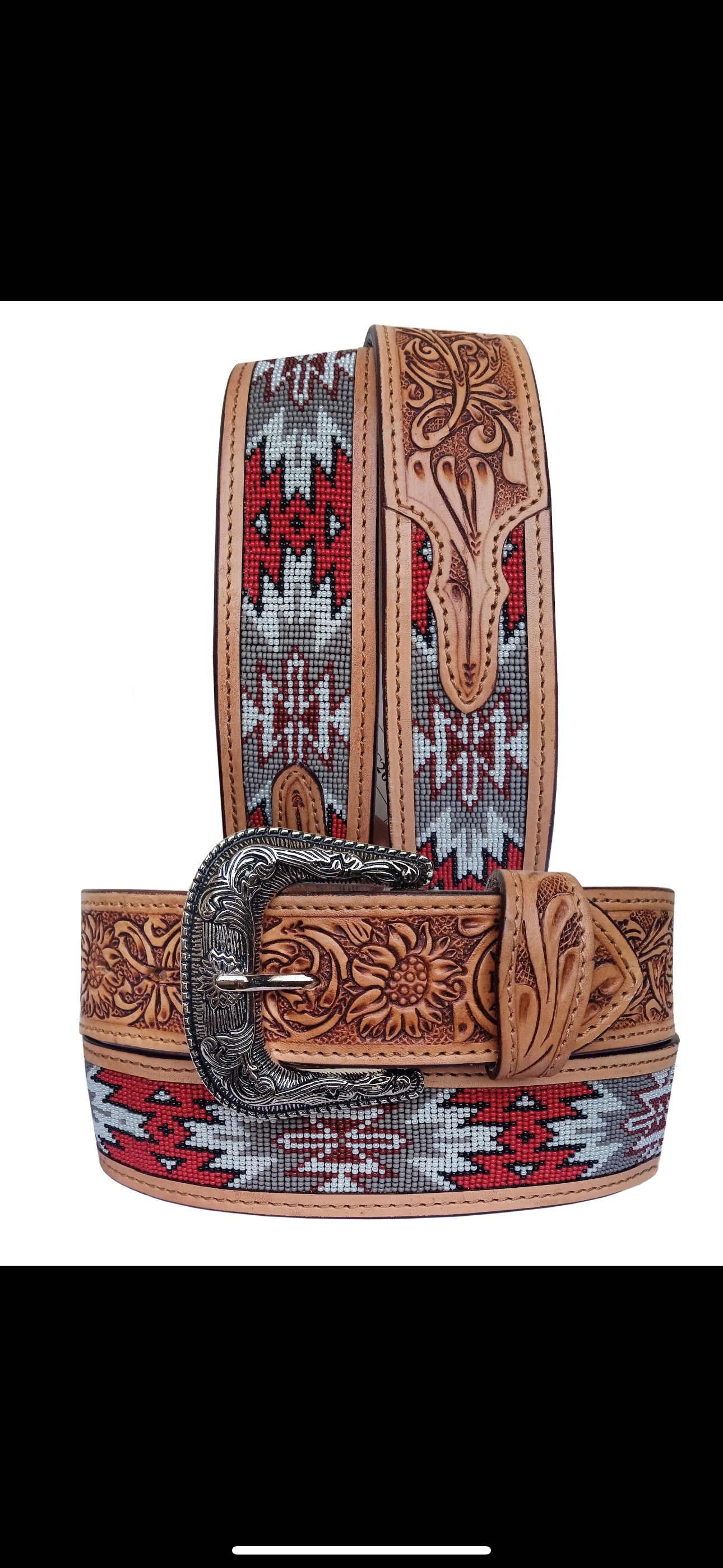 2” Beaded Aztec Leather Belt