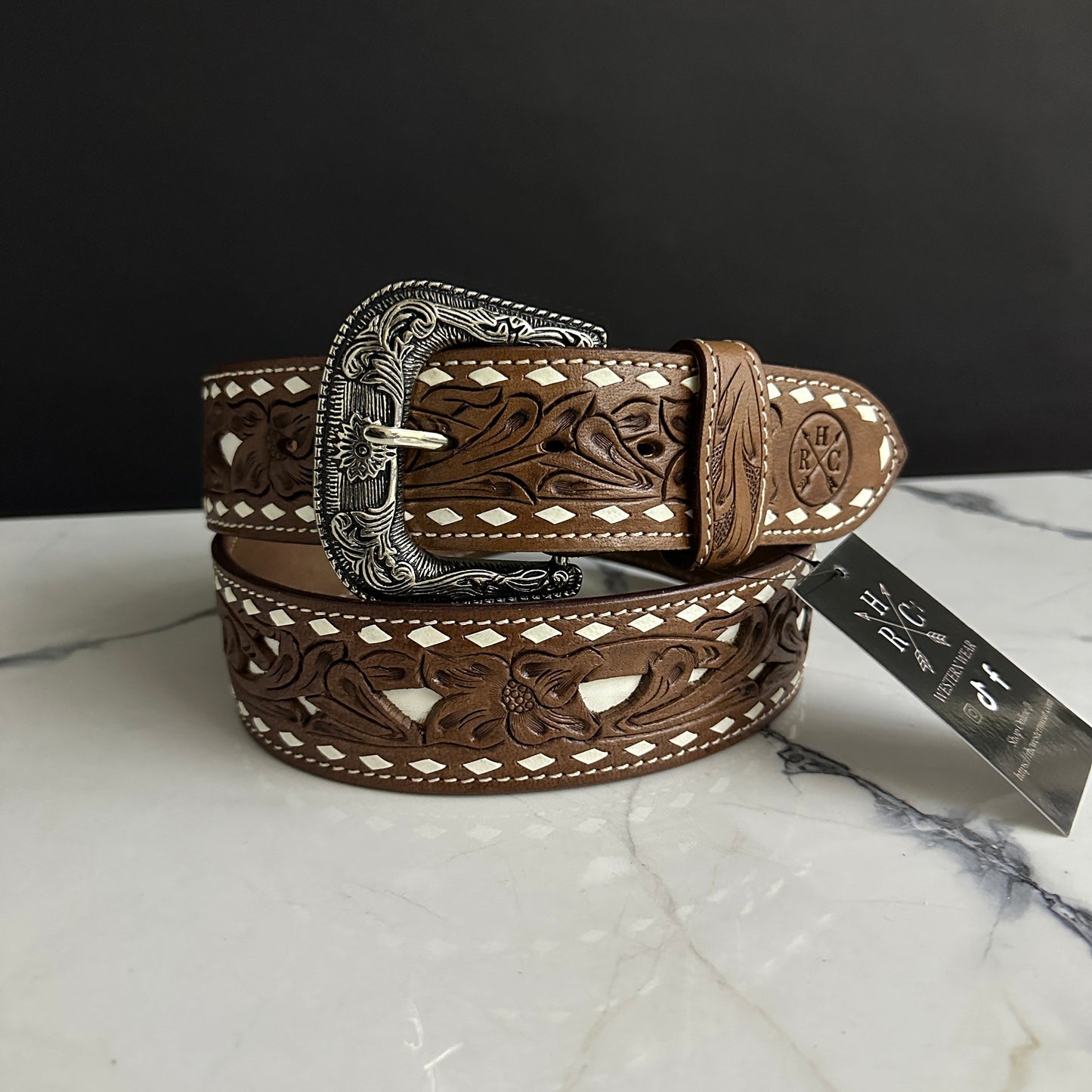 Men Brown Floral 2 Inch Beaded Belt RHC-28