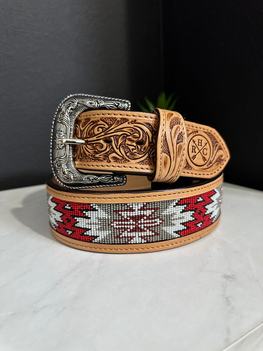 2” Beaded Aztec Leather Belt