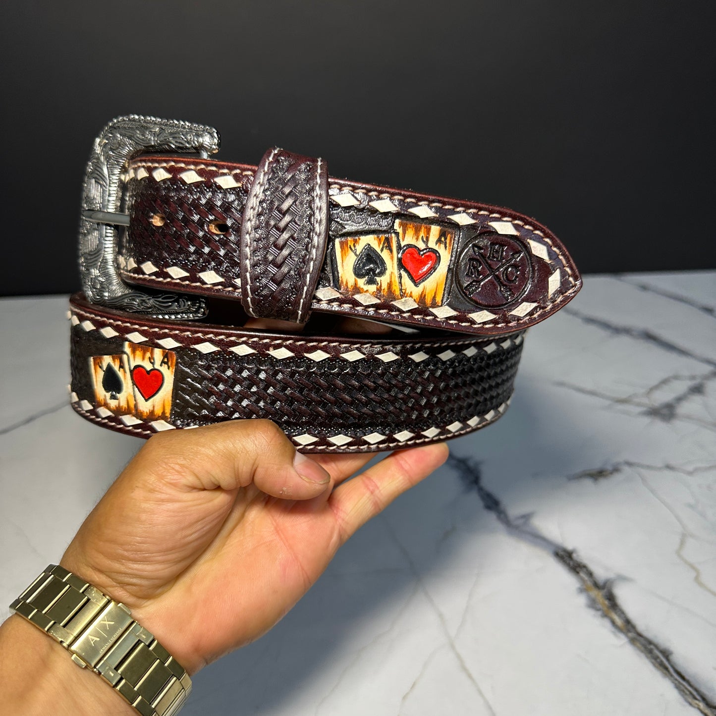 1 7/8 Brown Ace Heart Leather Belt RHC-2040