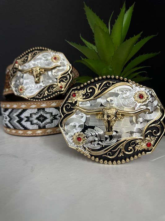 Silver Stone LongHorn Belt Buckle