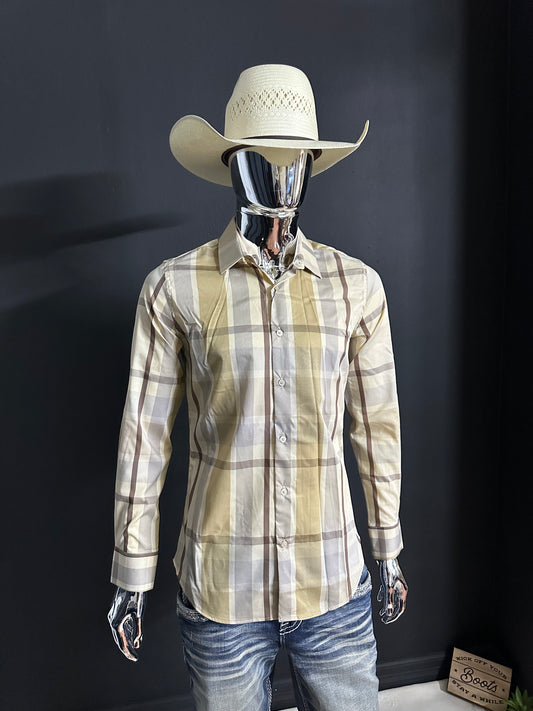 Luis Beige Modern Fit Checkered Shirt