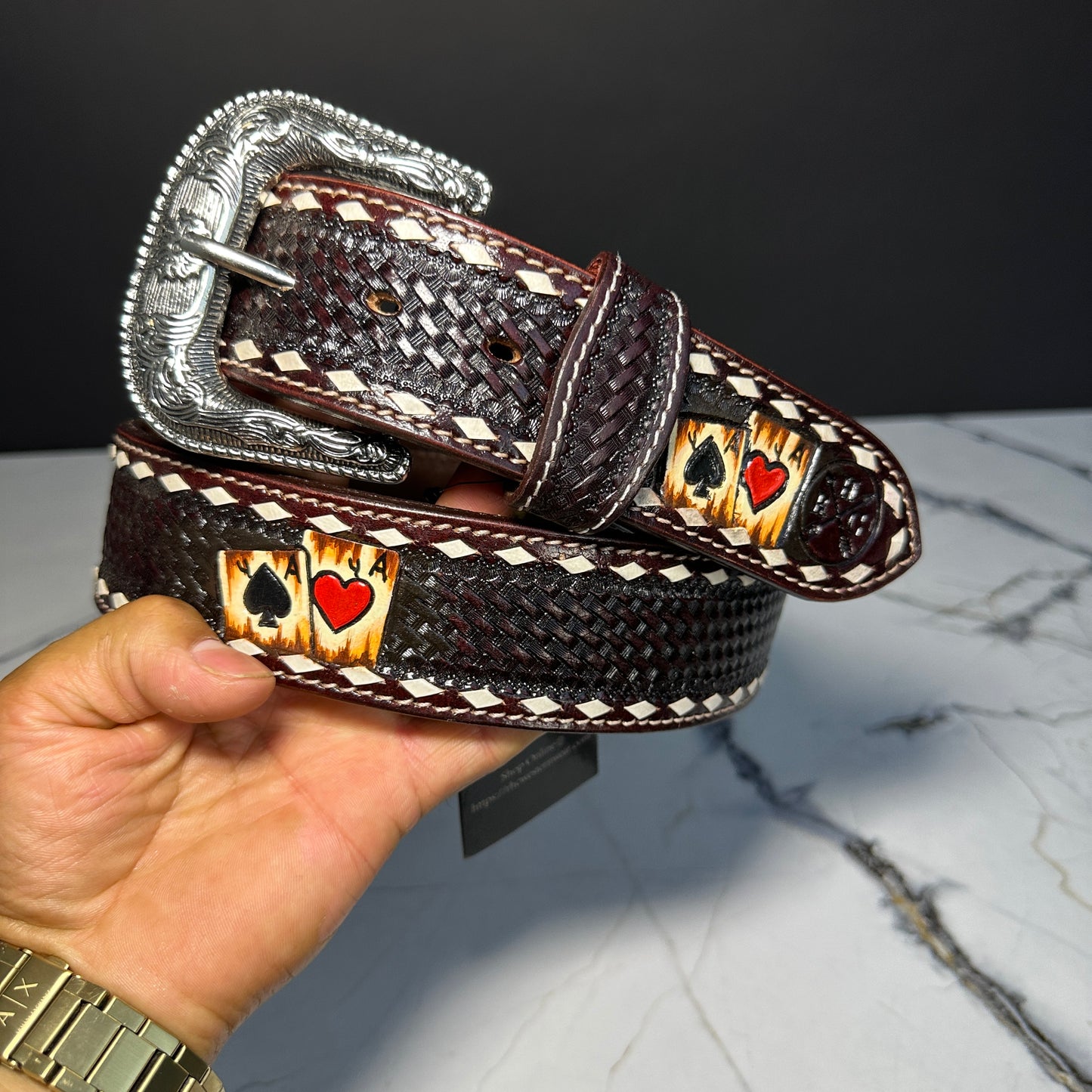 1 7/8 Brown Ace Heart Leather Belt RHC-2040
